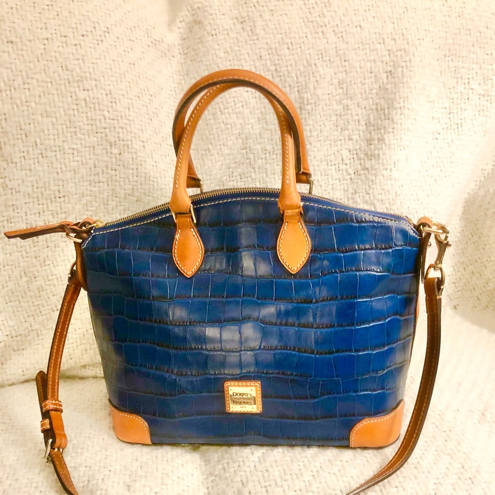 Dooney & Bourke Navy Croc Embossed Satchel with Tan Trim - Picture 2 of 16